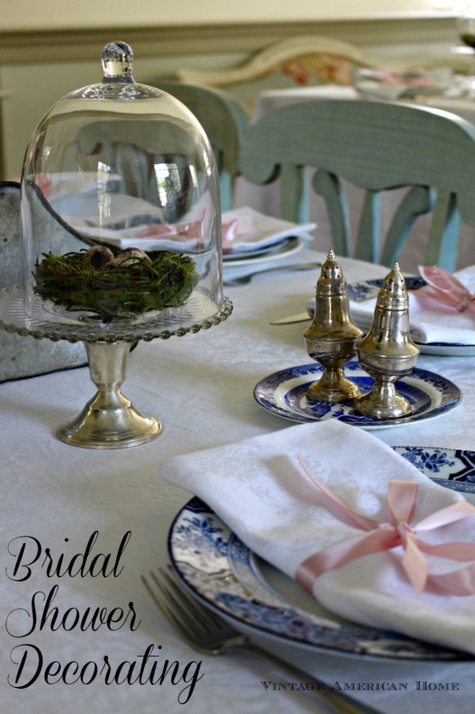 Bridal Shower decor with glass cloche and vintage silver, with antique plates and damask.