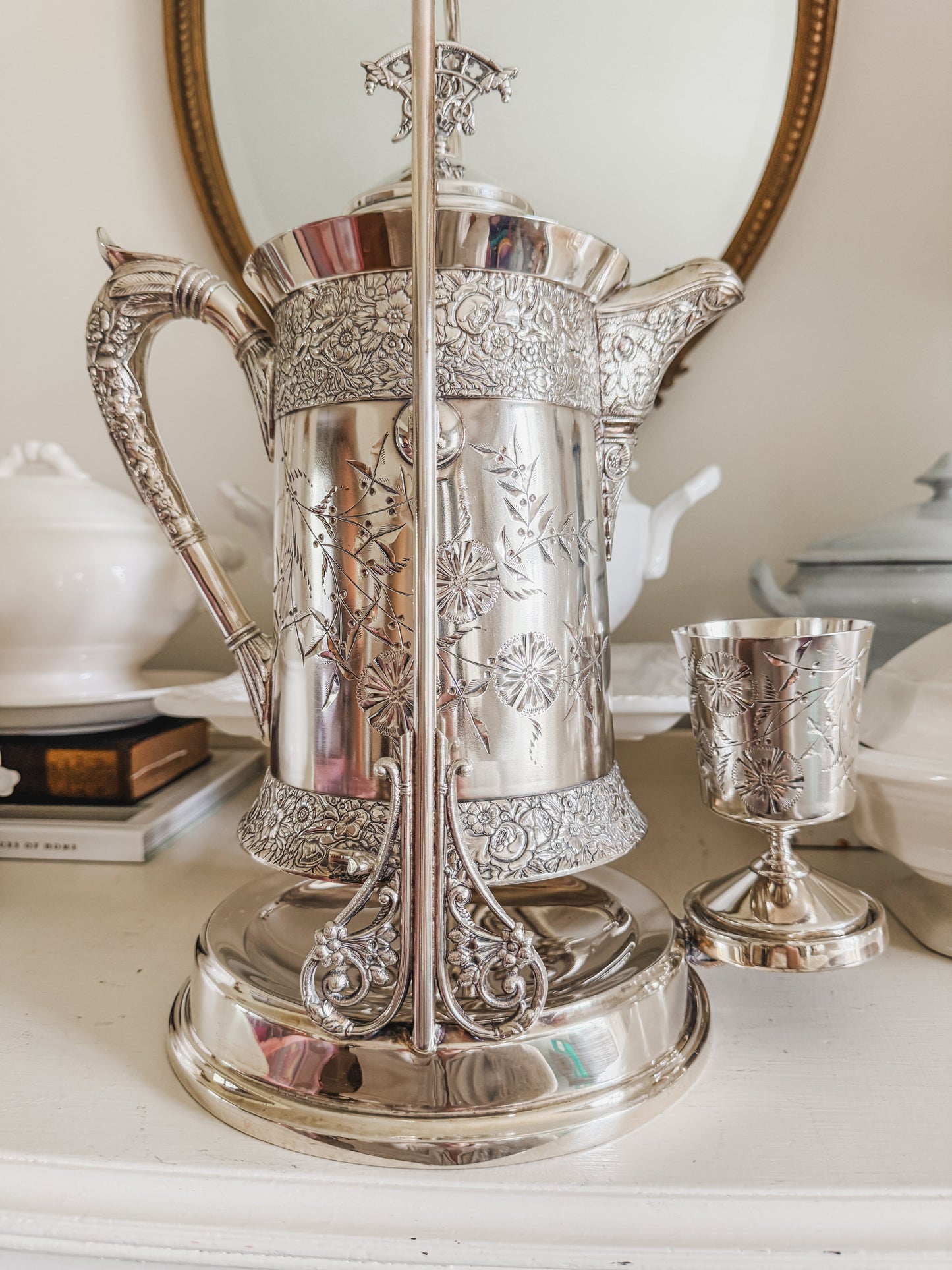 Rare Monumental Victorian C.B. Barker Quadruple Plate Water Set with Original Stand & Goblet