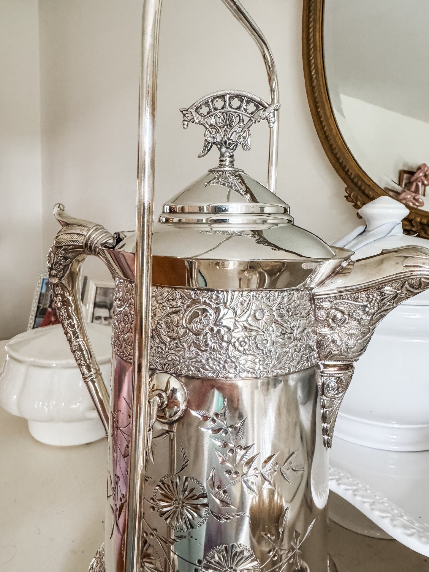 Rare Monumental Victorian C.B. Barker Quadruple Plate Water Set with Original Stand & Goblet