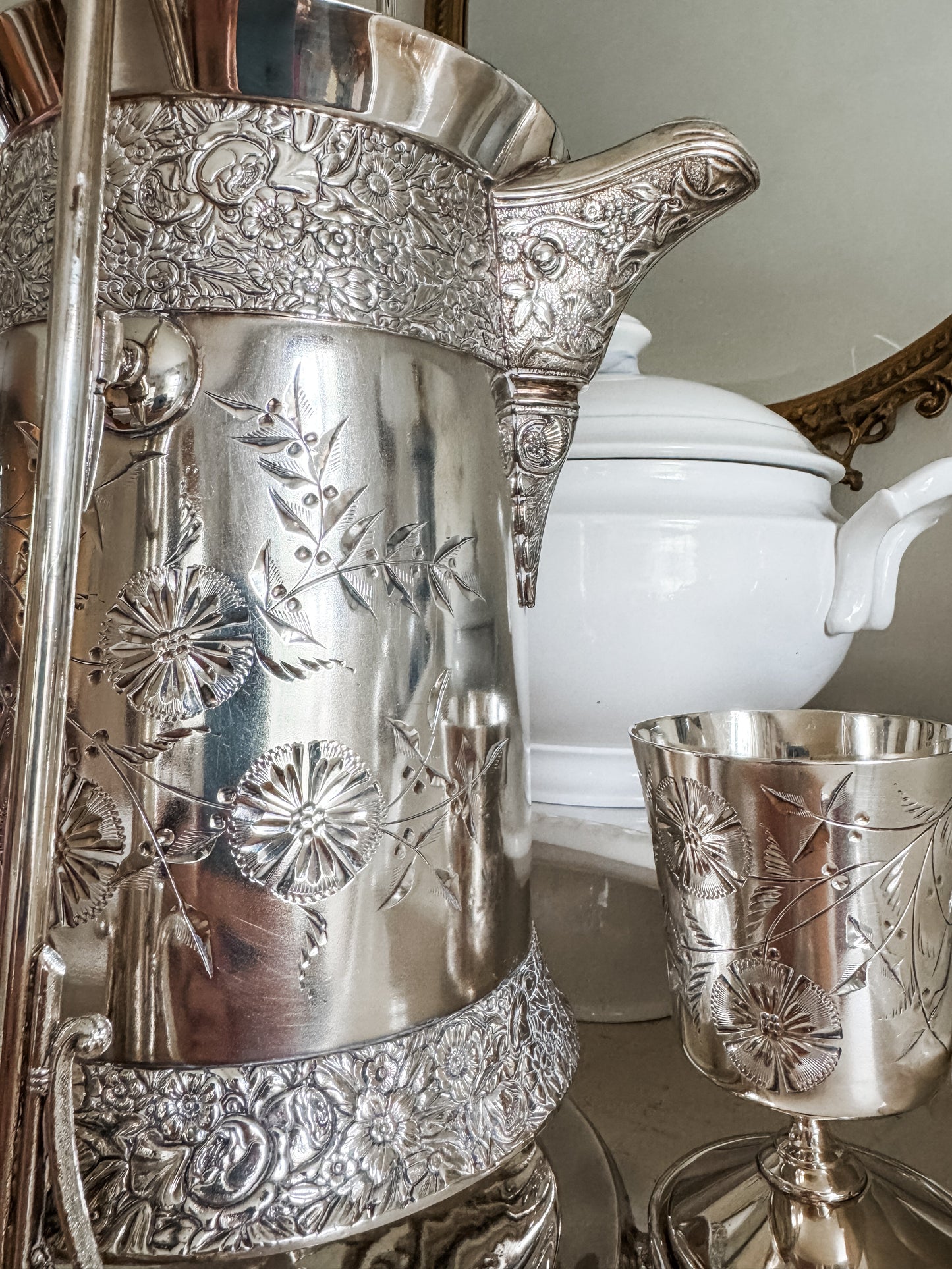 Rare Monumental Victorian C.B. Barker Quadruple Plate Water Set with Original Stand & Goblet